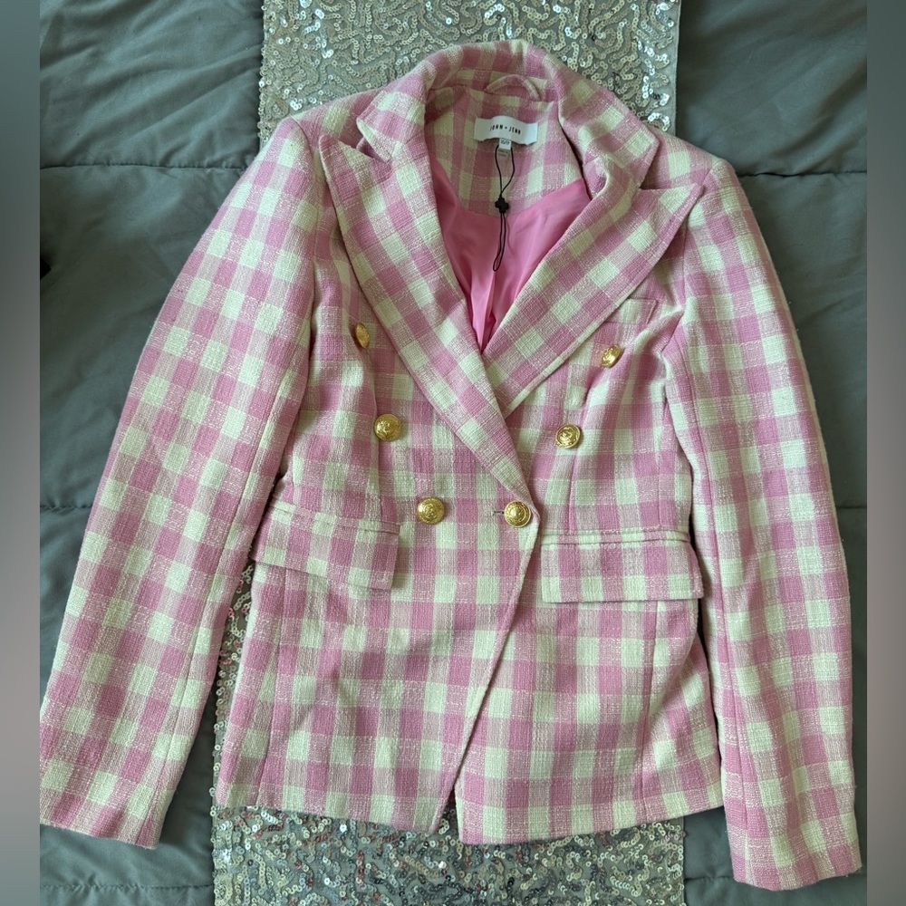 John + Jenn Pink & White Gingham Double-Breasted Blazer
